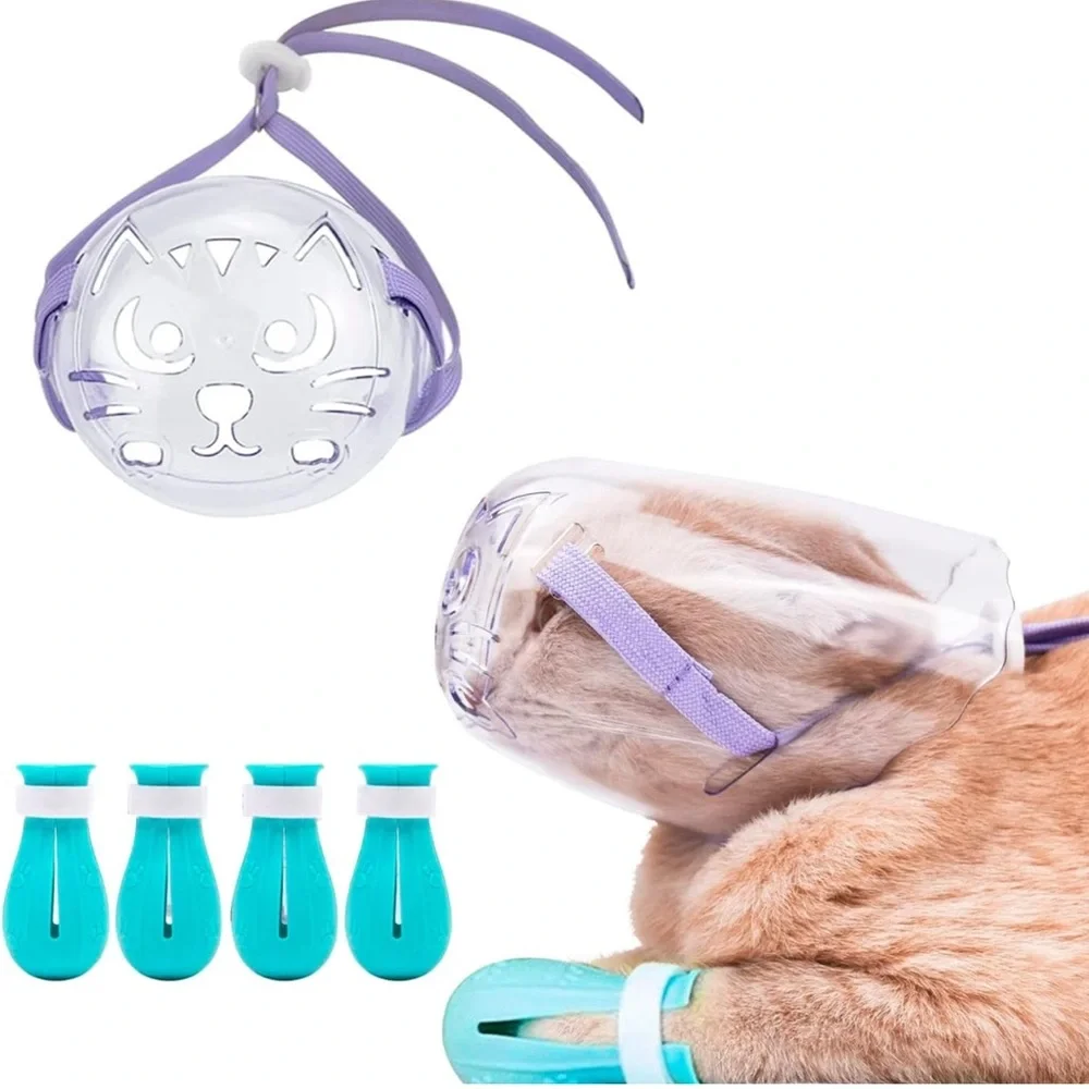 Cat Muzzle Mouth Cover Set with Adjustable Hood,Breathable Anti Bite Air Muzzles